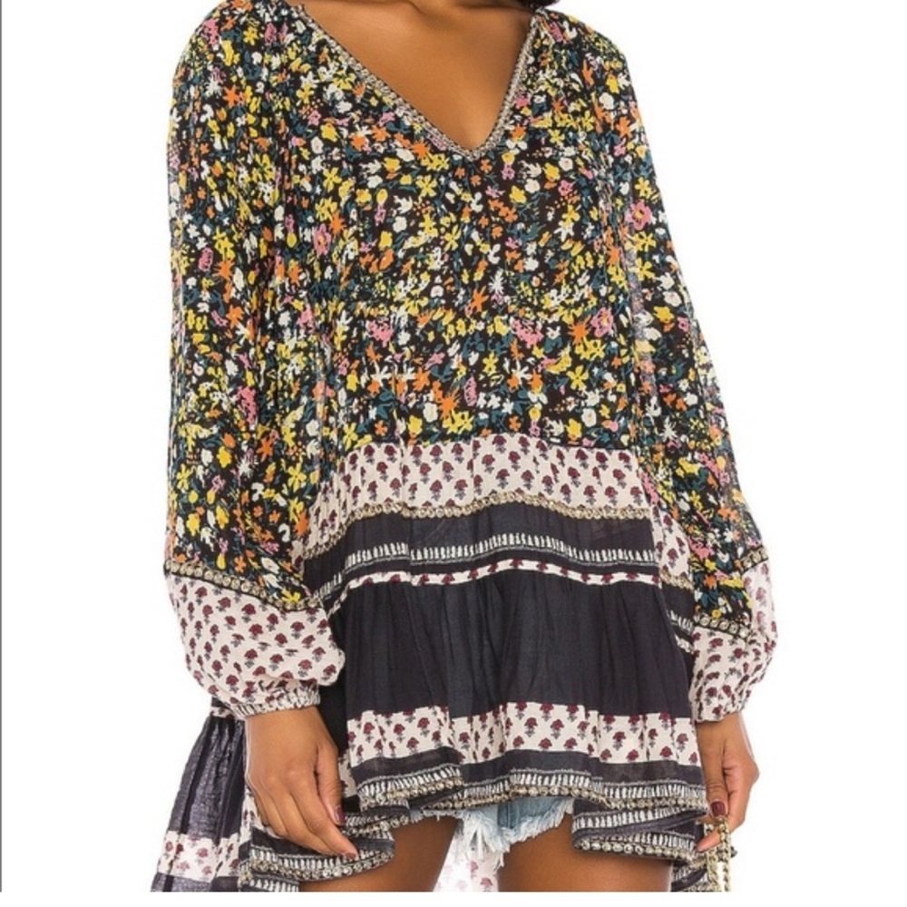 NWT FREE PEOPLE S Gardenia black combo Shabby Chic boho 100% cotton Mini dress - Picture 3 of 16